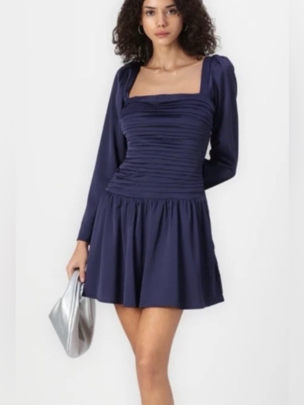 Abercrombie & Fitch Emerson Drop Waist Satin Mini Dress Small Navy Long Sleeve